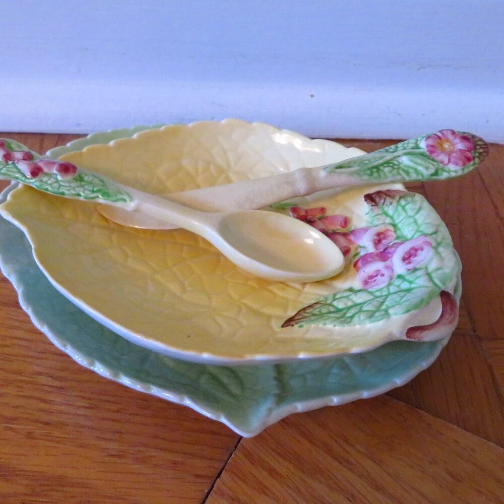 Vintage Carlton Ware Australian Design Green Leaf Dishes with Knife and spoon